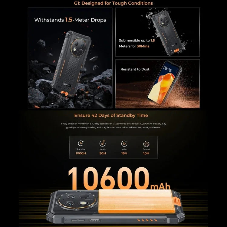 Điện thoại bền Oukitel G1, 6GB+256GB, nhận diện vân tay, màn hình 6.52 inch Android 14 T606 Octa Core, NFC, OTG, Mạng: 4G