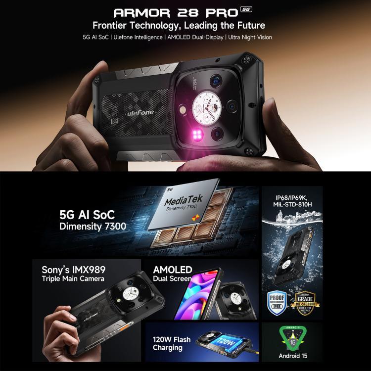Điện thoại bền bỉ Ulefone Armor 28 Pro, 16GB+512GB, Tầm nhìn ban đêm, Pin 10600mAh, Màn hình 6.67 inch + 1.04 inch Android 15 MediaTek Dimensity 7300 Octa Core, Mạng: 5G, NFC