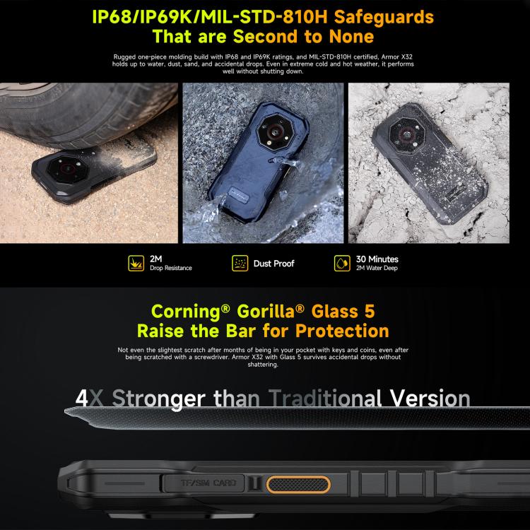 Điện thoại bền bỉ Ulefone Armor X32, 8GB+256GB, Tầm nhìn ban đêm, Màn hình 5.65 inch Android 14 MediaTek Helio G91 Octa Core, Mạng: 4G, NFC, OTG
