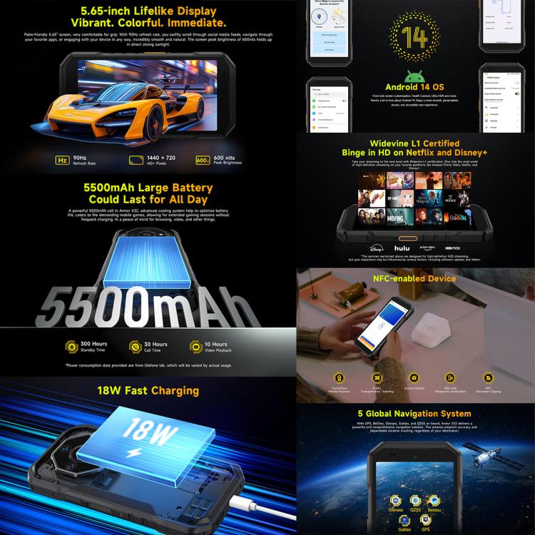 Điện thoại bền bỉ Ulefone Armor X32, 8GB+256GB, Tầm nhìn ban đêm, Màn hình 5.65 inch Android 14 MediaTek Helio G91 Octa Core, Mạng: 4G, NFC, OTG