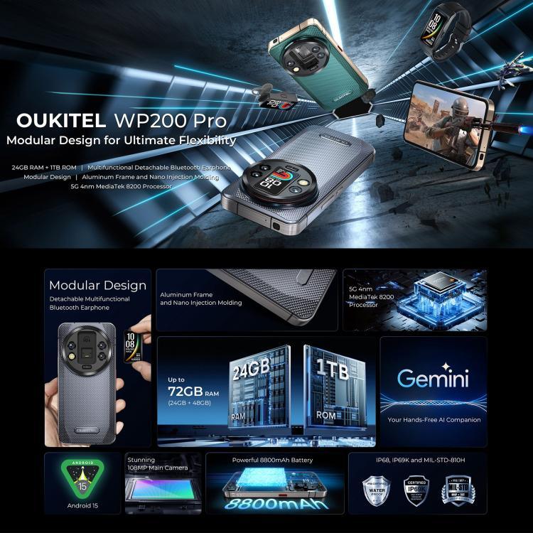 Điện thoại bền bỉ Oukitel WP200 Pro 5G, 24GB+1TB, Cảm biến vân tay trên màn hình, Màn hình 6.7 inch Android 15.0 MTK Dimensity 8200 Octa-Core, NFC, OTG, Mạng: 5G
