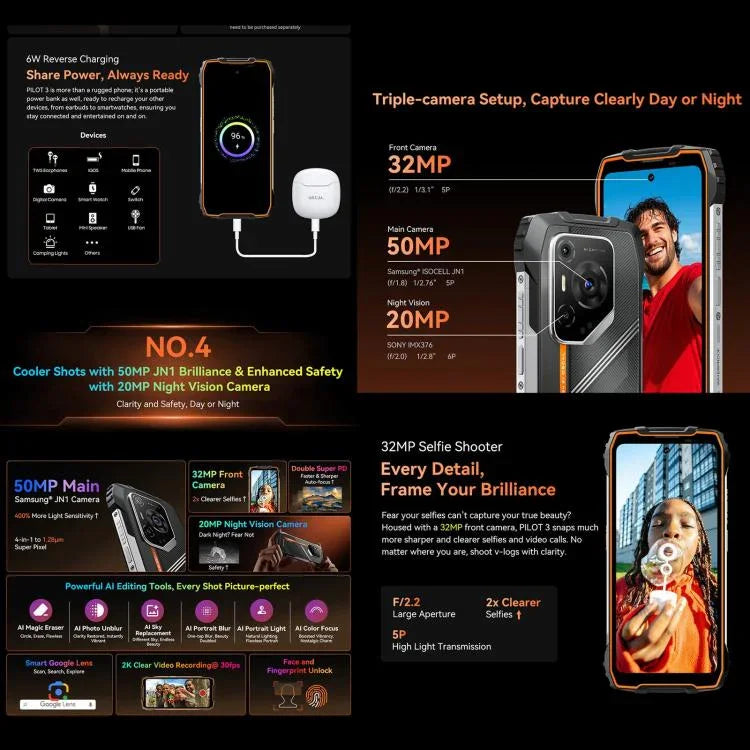 Điện thoại bền Blackview Oscal Pilot 3 5G, 12GB+256GB, Camera nhìn ban đêm, 6.56 inch Android 15 MediaTek Dimensity 6300 Octa Core, Mạng: 5G, OTG, NFC