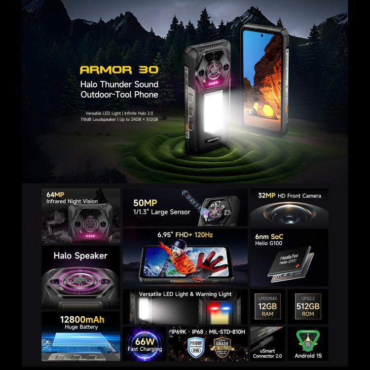 Điện thoại bền Ulefone Armor 30, 12GB+512GB, Nhìn ban đêm, IP68/IP69K, 6.95 inch Android 15 MediaTek Helio G100 Octa Core, Mạng: 4G, NFC, OTG, Armor 30