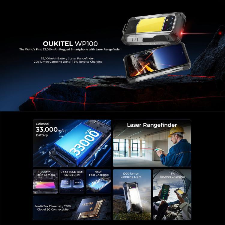 Điện thoại bền Oukitel WP100 Laser Rangefinder, 12GB+512GB, Camera 200MP, Nhận diện vân tay, 6.8 inch Android 14 MediaTek Dimensity 7300 Octa Core, NFC, OTG, Mạng: 5G, WP100