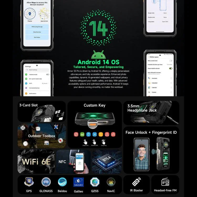 Điện thoại bền Ulefone Armor 33 Pro, 16GB+512GB, Nhìn ban đêm, 6.95 inch + 3.4 inch Màn hình kép Android 14 MediaTek Dimensity 7300X Octa Core, Mạng: 5G, OTG, NFC, Armor 33 Pro