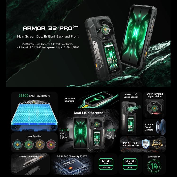 Điện thoại bền Ulefone Armor 33 Pro, 16GB+512GB, Nhìn ban đêm, 6.95 inch + 3.4 inch Màn hình kép Android 14 MediaTek Dimensity 7300X Octa Core, Mạng: 5G, OTG, NFC, Armor 33 Pro