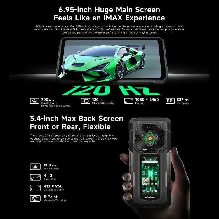 Điện thoại bền Ulefone Armor 33 Pro, 16GB+512GB, Nhìn ban đêm, 6.95 inch + 3.4 inch Màn hình kép Android 14 MediaTek Dimensity 7300X Octa Core, Mạng: 5G, OTG, NFC, Armor 33 Pro