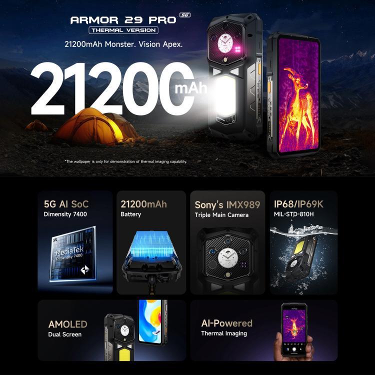Ulefone Armor 29 Pro Phiên bản Nhiệt, Điện thoại bền bỉ, 16GB+512GB, Tầm nhìn ban đêm, 6.67 inch + 1.04 inch Android 15 MediaTek Dimensity 7400 Octa Core, Mạng: 5G, OTG, NFC, Phiên bản Nhiệt Armor 29 Pro