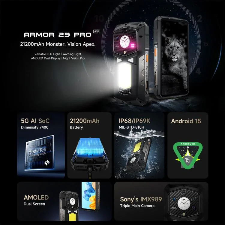 Ulefone Armor 29 Pro, Điện thoại bền bỉ, 16GB+512GB, Tầm nhìn ban đêm, 6.67 inch + 1.04 inch Android 15 MediaTek Dimensity 7400 Octa Core, Mạng: 5G, OTG, NFC, Armor 29 Pro