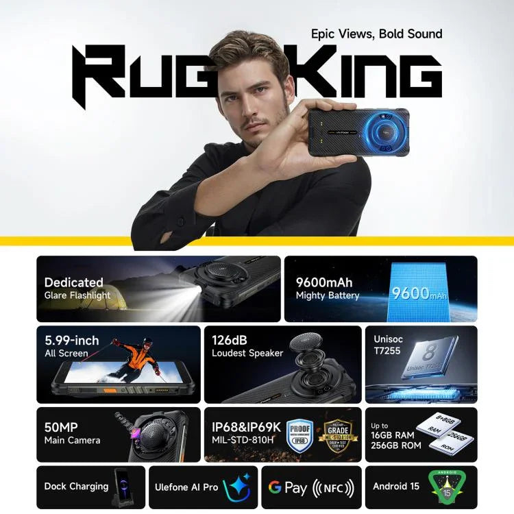 Ulefone RugKing, 8GB+256GB, Điện thoại bền bỉ IP68/IP69K, 5.99 inch Android 15 Unisoc T7255 Octa Core, Mạng: 4G, NFC, OTG, RugKing, 8GB+256GB