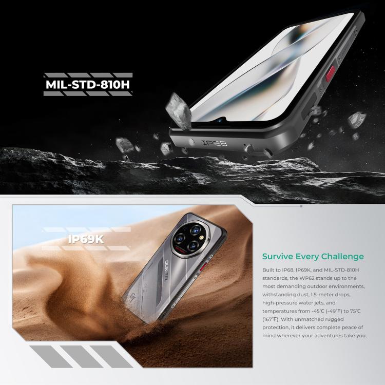 Oukitel WP62 Điện thoại bền bỉ, 8GB+256GB, Camera 108MP, Nhận diện vân tay, 6.6 inch Android 15 MediaTek Dimensity 7025 Octa Core, NFC, OTG, Mạng: 5G, 8GB+256GB