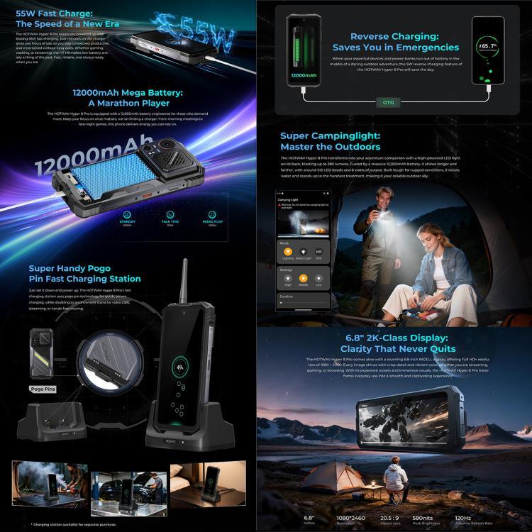 Điện thoại HOTWAV Hyper 8 Pro Rugged, 12GB+512GB, màn hình 6.6 inch Android 15 MediaTek MT8791 Dimensity 7050 Octa Core, Mạng: 5G, OTG, NFC, Hyper 8 Pro