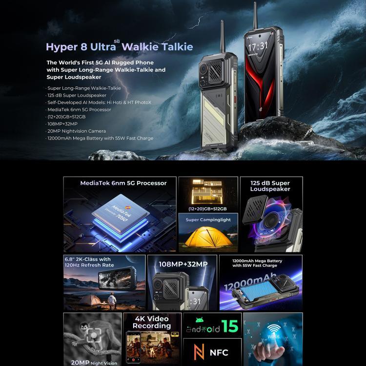 Điện thoại bền HOTWAV Hyper 8 Ultra Walkie-talkie, 12GB+512GB, màn hình 6.8 inch Android 15 MediaTek MT8791 Dimensity 7050 Octa Core, Mạng: 5G, OTG, NFC, Hyper 8 Ultra