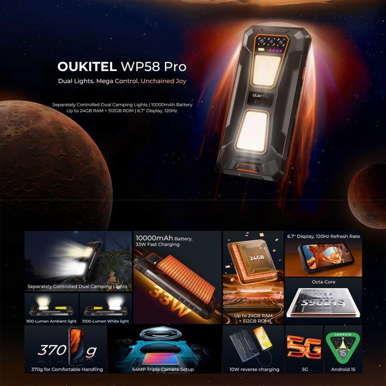 Điện thoại bền bỉ Oukitel WP58 Pro, 8GB+512GB, nhận diện vân tay bên cạnh, màn hình 6.7 inch Android 15 UMS9621S Octa Core, NFC, OTG, Mạng: 5G, 8GB+512GB