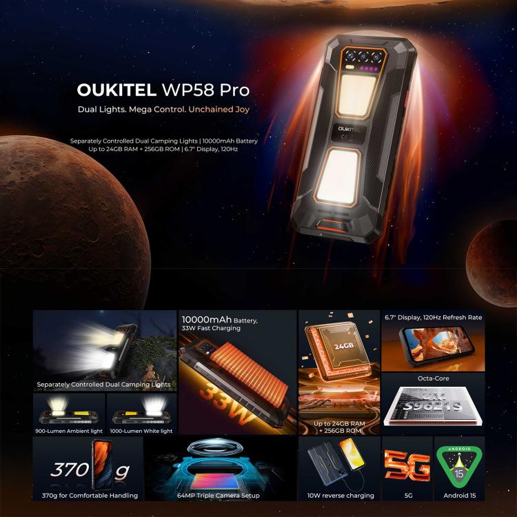 Điện thoại bền Oukitel WP58 Pro, 8GB+256GB, Nhận diện vân tay bên cạnh, 6.7 inch Android 15 UMS9621S Octa Core, NFC, OTG, Mạng: 5G, 8GB+256GB