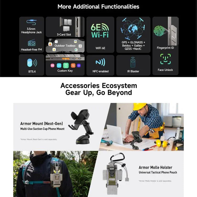 Ulefone Armor 34+, 16GB+512GB, Tầm nhìn ban đêm, điện thoại bền bỉ IP68/IP69K, màn hình 6.95 inch Android 15 MediaTek Dimensity 7400X Octa Core, Mạng: 5G, NFC, OTG, Armor 34+