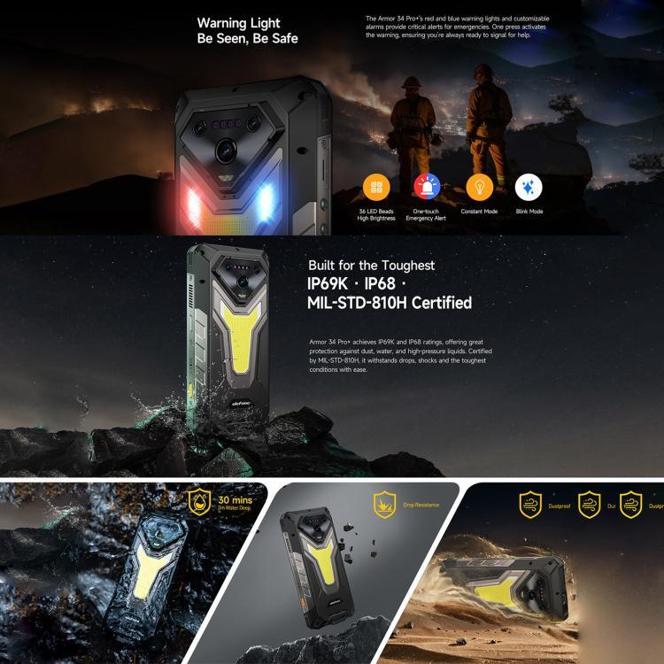 Ulefone Armor 34 Pro+ Máy chiếu, 16GB+512GB, Tầm nhìn ban đêm, điện thoại bền bỉ IP68/IP69K, màn hình 6.95 inch Android 15 MediaTek Dimensity 7400X Octa Core, Mạng: 5G, NFC, OTG, Armor 34 Pro+