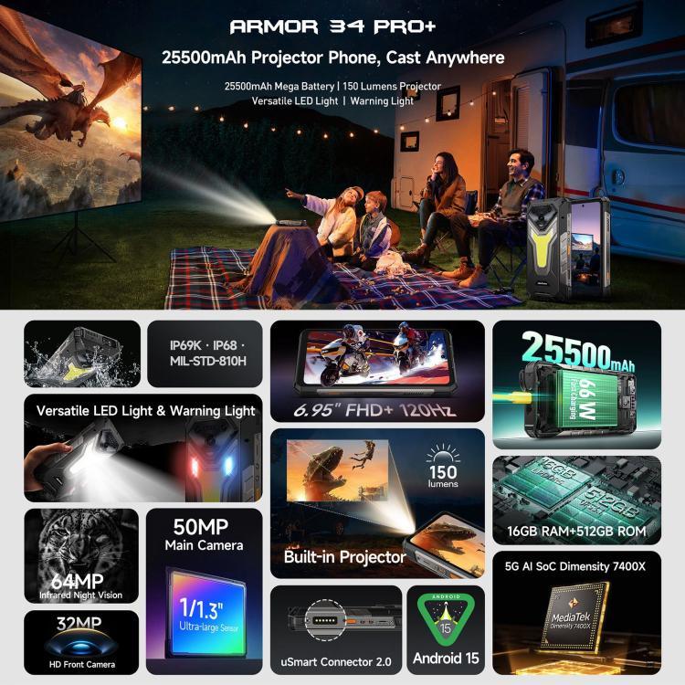 Ulefone Armor 34 Pro+ Máy chiếu, 16GB+512GB, Tầm nhìn ban đêm, điện thoại bền bỉ IP68/IP69K, màn hình 6.95 inch Android 15 MediaTek Dimensity 7400X Octa Core, Mạng: 5G, NFC, OTG, Armor 34 Pro+