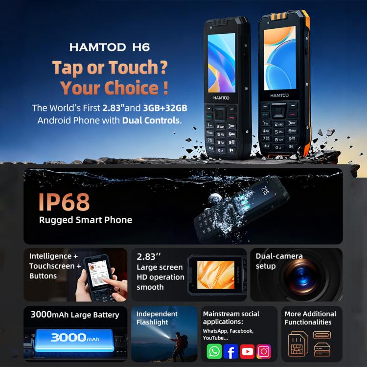 Điện thoại bền HAMTOD H6, 3GB+32GB, 2.83 inch Android 11 UNISOC SC9832E Quad-core, Mạng: 4G, VoLTE, SOS