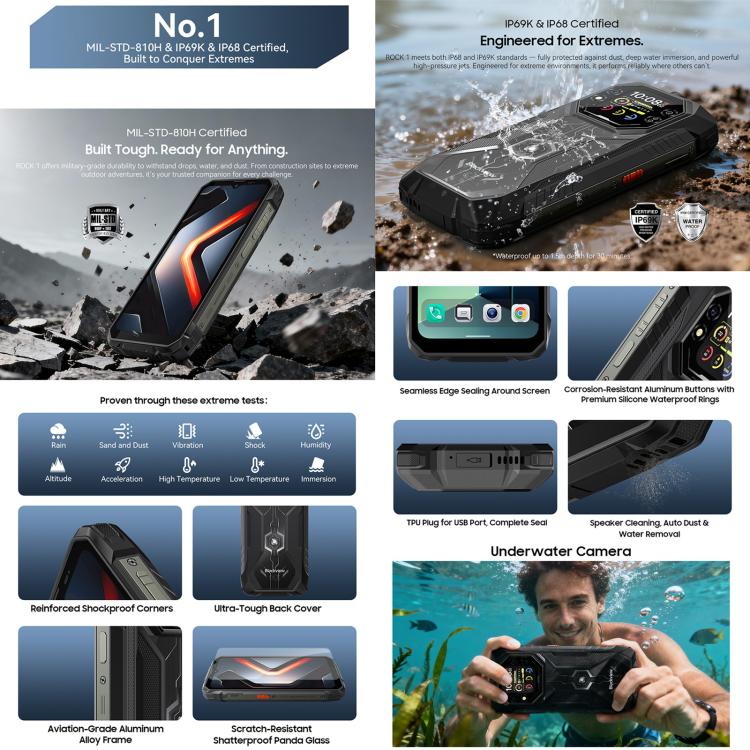 Điện thoại bền Blackview ROCK 1, 8GB+256GB, 6.56 inch Android 16 MT6769V/CB Helio G81 Octa Core, Mạng: 4G, OTG, NFC, ROCK 1 8GB+256GB