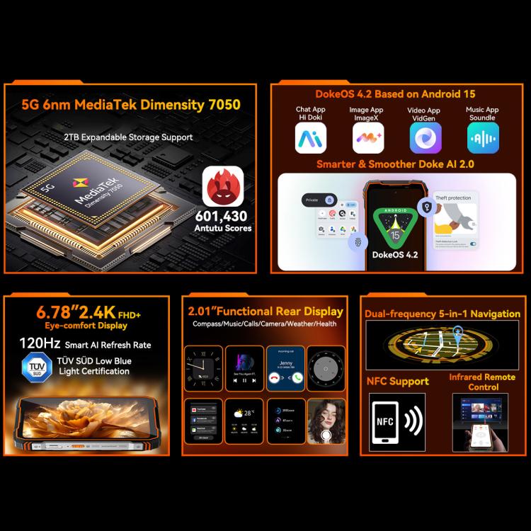Blackview Oscal TANK 1, 12GB+256GB, 6.78 inch Android 15 DokeOS 4.2 Mediatek Dimensity 7050 Octa Core, Mạng: 5G, OTG, NFC, 12GB+256GB