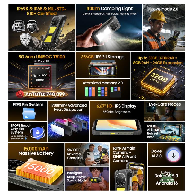 Điện thoại bền Blackview ROCK 2 Pro, 8GB+256GB, 6.67 inch Android 16 Unisoc UMS9620 T8100 Octa Core, Mạng: 5G, OTG, NFC
