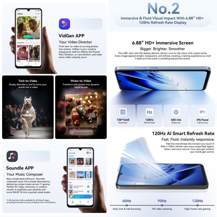 Blackview WAVE 10, 8GB+256GB, Màn hình 6.88 inch Android 16 Unisoc UMS9230E Octa Core, Mạng: 4G, OTG, WAVE 10, 8GB+128GB