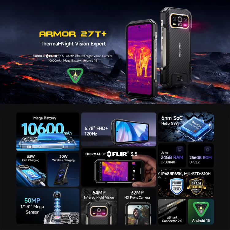 Điện thoại bền bỉ Ulefone Armor 27T+, 12GB+256GB, Camera nhiệt, Tầm nhìn ban đêm, 10600mAh, 6.78 inch Android 14 MediaTek Helio G99 Octa Core, Mạng: 4G, NFC, OTG, Armor 27T+
