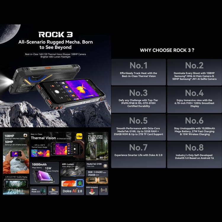 Điện thoại bền Blackview ROCK 3, Máy ảnh nhiệt, 8GB+256GB, 6.78 inch Android 16 MT8781 Helio G100 Octa Core, Mạng: 4G, OTG, NFC