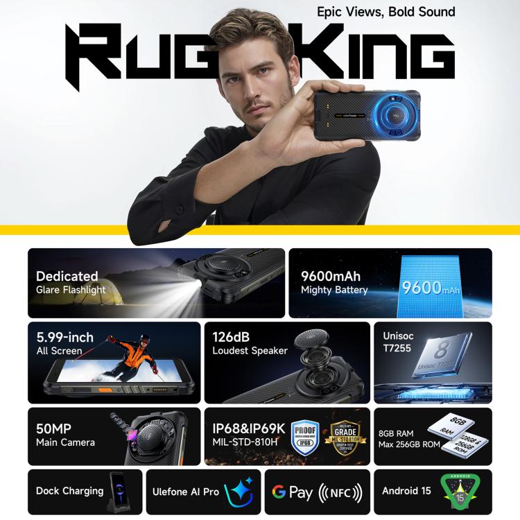 Điện thoại bền Ulefone RugKing, 8GB+128GB, IP68/IP69K, 5.99 inch Android 15 Unisoc T7255 Octa Core, Mạng: 4G, NFC, OTG