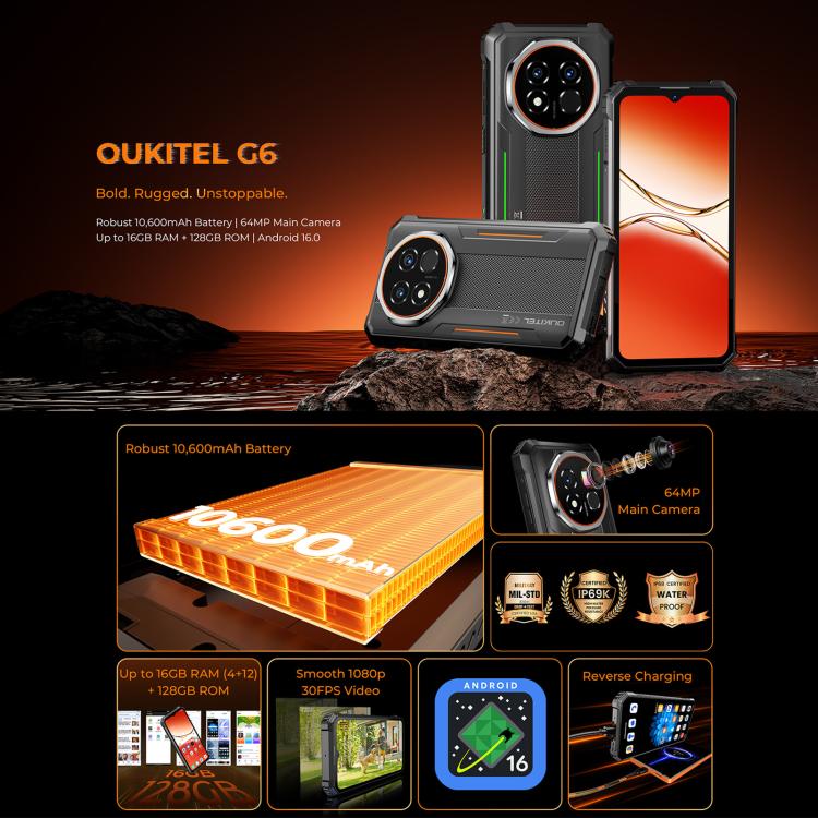 Điện thoại bền Oukitel G6, 4GB+128GB, Nhận diện vân tay, Pin 10600mAh, Màn hình 6.52 inch Android 16.0 Unisoc T615 Octa Core, NFC, OTG, Mạng: 4G, 4GB+128GB