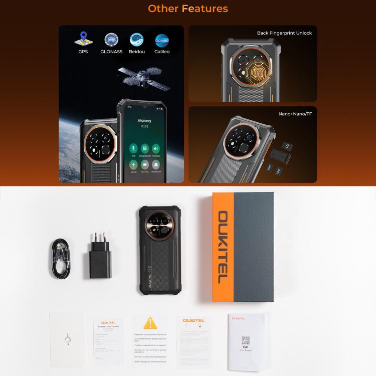 Điện thoại bền Oukitel G6, 8GB+256GB, Nhận diện vân tay, Pin 10600mAh, Màn hình 6.52 inch Android 16.0 Unisoc T615 Octa Core, NFC, OTG, Mạng: 4G, 6GB+256GB