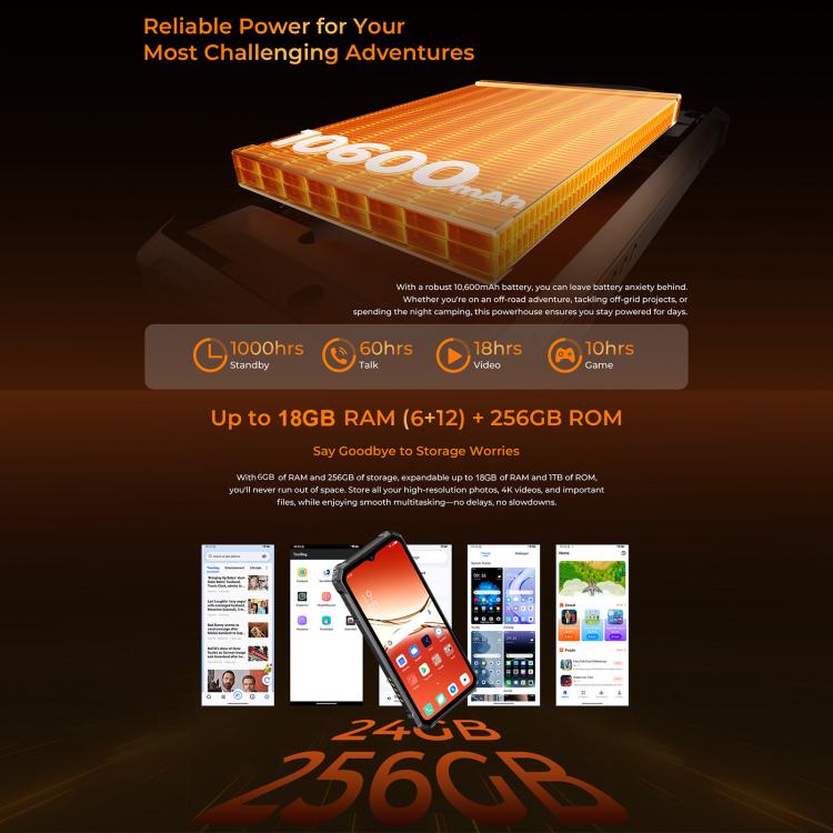 Điện thoại bền Oukitel G6, 8GB+256GB, Nhận diện vân tay, Pin 10600mAh, Màn hình 6.52 inch Android 16.0 Unisoc T615 Octa Core, NFC, OTG, Mạng: 4G, 6GB+256GB
