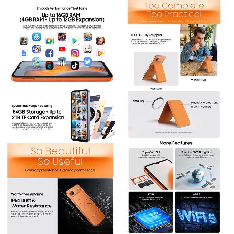 Blackview Oscal FLAT 3C, 4GB+64GB, Màn hình 6.56 inch Android 16 Unisoc UMS312 T310 Quad Core, OTG, Mạng: 4G, 4GB+64GB