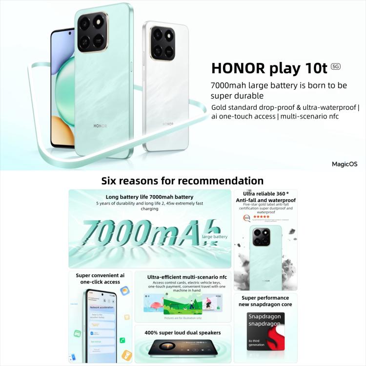 Honor Play10T, 12GB+256GB, Cảm biến vân tay bên cạnh, 6.8 inch Android 15 Magic OS 9.0 Snapdragon 6s Gen 3 Octa Core, Mạng: 5G, 12GB+256GB