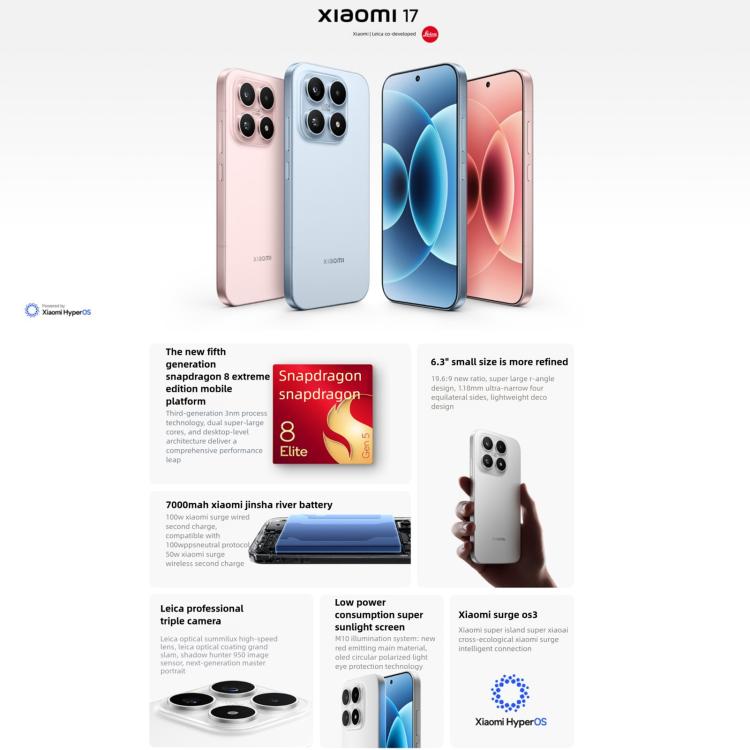 Xiaomi 17, 12GB+512GB, Cảm biến vân tay siêu âm 3D, 6.3 inch Xiaomi HyperOS 3 Snapdragon 8 Elite Gen 5 Octa Core, NFC, Mạng: 5G, 12GB+512GB