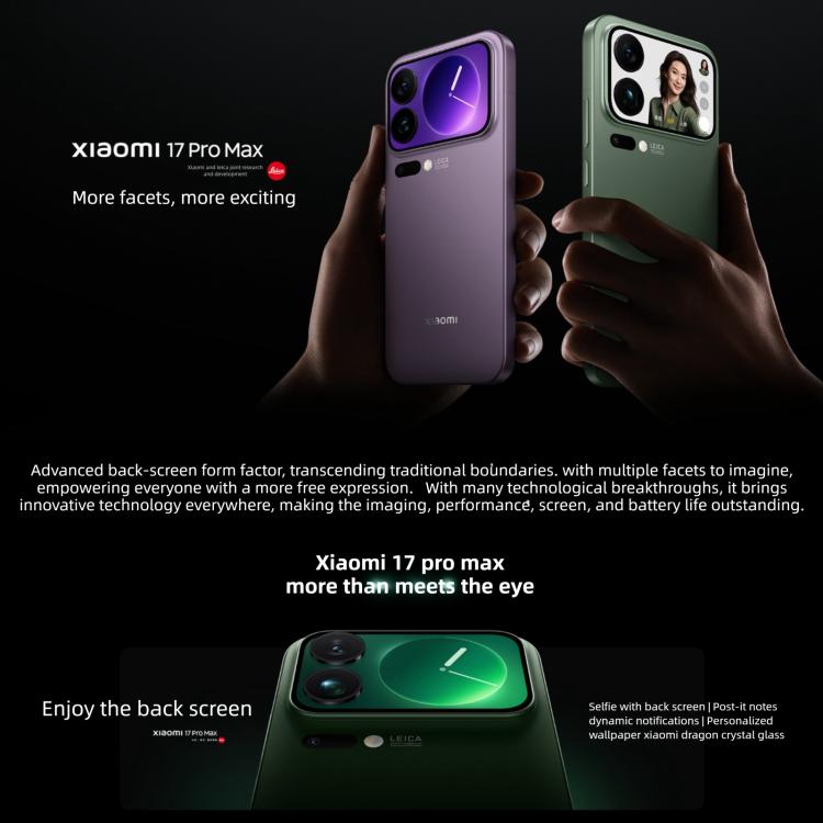 Xiaomi 17 Pro Max, 12GB+512GB, Cảm biến vân tay siêu âm 3D, Màn hình 6.9 inch + 2.9 inch Xiaomi HyperOS 3 Snapdragon 8 Elite Gen 5 Octa Core, NFC, Mạng: 5G, 12GB+512GB