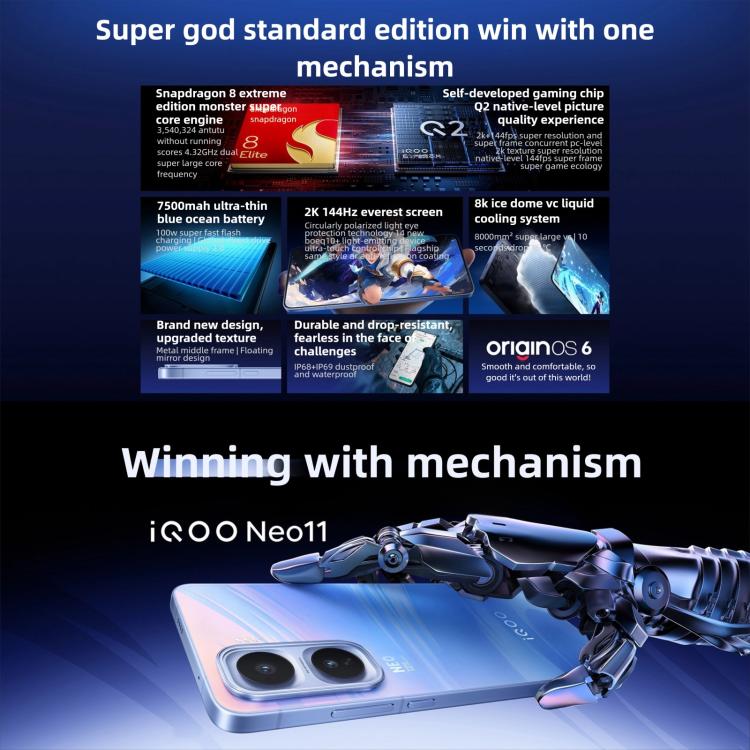 vivo iQOO Neo11, 16GB+512GB, Nhận diện khuôn mặt / Vân tay trên màn hình, màn hình 6.82 inch Android 16 OriginOS 6 Snapdragon 8 Elite Octa Core, OTG, NFC, Mạng: 5G, iQOO Neo11, 16GB+512GB