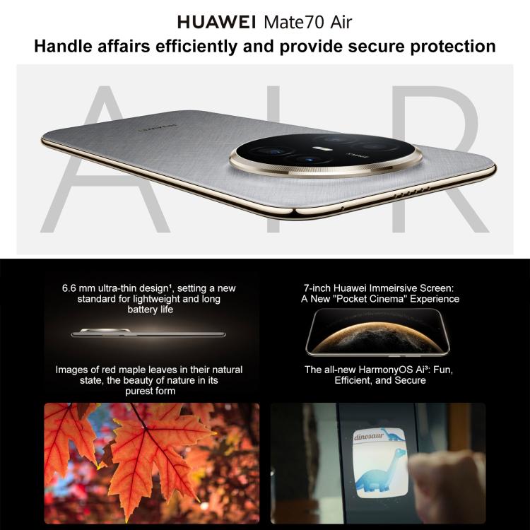 HUAWEI Mate 70 Air, 16GB+512GB, Nhận diện vân tay cạnh bên, màn hình 7 inch HarmonyOS 5.1 Kirin 9020B, NFC, OTG, Không hỗ trợ Google Play, 16GB+512GB