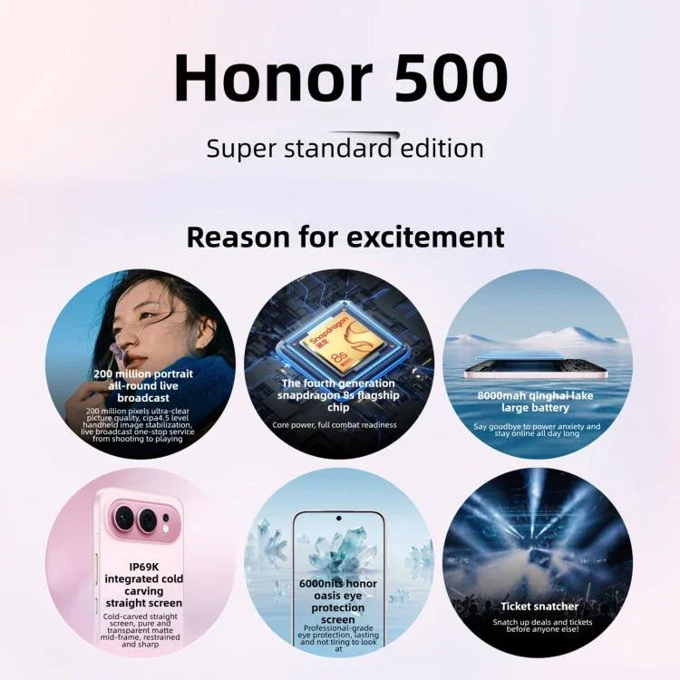 Honor 500, 16GB+512GB, Cảm biến vân tay trên màn hình, 6.55 inch MagicOS 10.0 / Android 16 Snapdragon 8s Gen 4 Octa Core, Mạng: 5G, NFC, OTG, Honor 500, 16GB+512GB