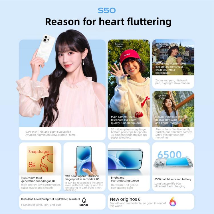 vivo S50, 12GB+512GB, Cảm biến vân tay 3D, 6.59 inch Android 16 OriginOS 6 Snapdragon 8s Gen 3 Octa Core, OTG, NFC, Mạng: 5G, Hỗ trợ Google Play, 12GB+512GB