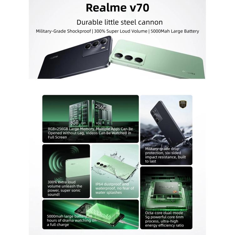Realme V70, 8GB+256GB, màn hình 6.67 inch Realme UI 6.0 Android 15 Dimensity 6300 5G Octa Core, Mạng: 5G, 8GB+256GB