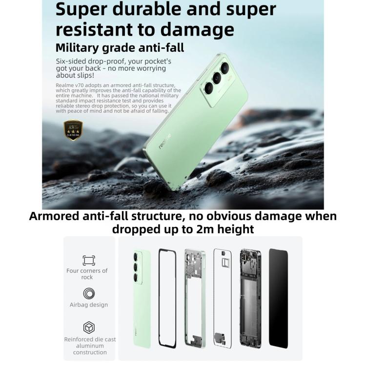 Realme V70, 12GB+256GB, màn hình 6.67 inch Realme UI 6.0 Android 15 Dimensity 6300 5G Octa Core, Mạng: 5G, 12GB+256GB