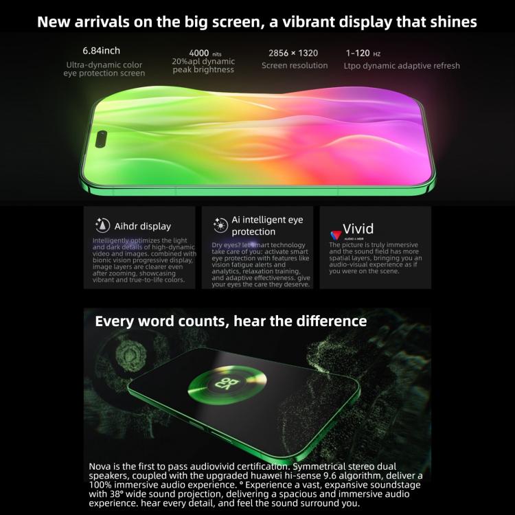 Huawei nova 15 Ultra, Kính cường lực Xuanwu Kunlun, 12GB+512GB, Cảm biến vân tay bên hông, 6.84 inch HarmonyOS 6.0 Kirin 9010S Octa Core, NFC, OTG, Không hỗ trợ Google Play, 12GB+1TB