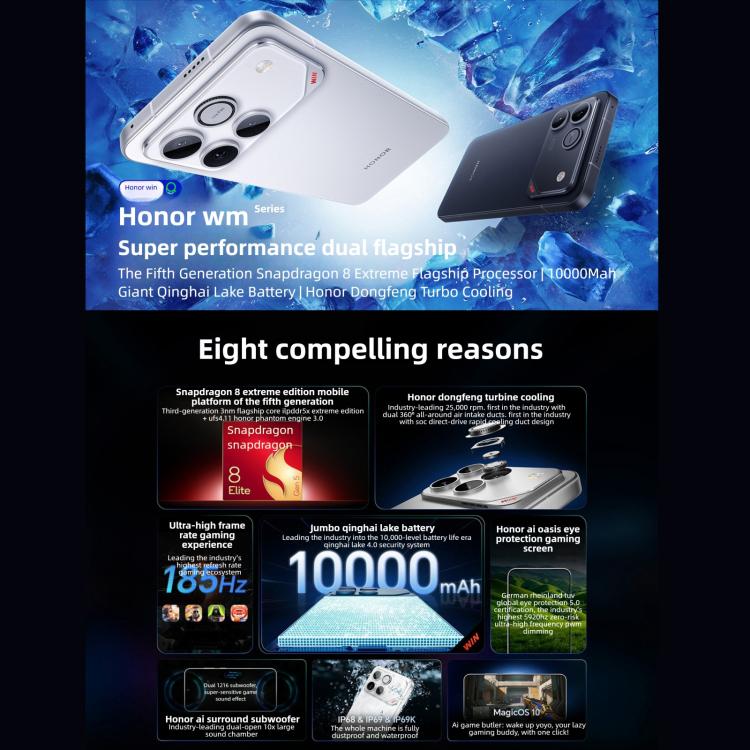 Honor WIN, 12GB+512GB, Cảm biến vân tay siêu âm 3D, Pin 10000mAh, 6.83 inch MagicOS 10.0 / Android 16 Snapdragon 8 Elite Gen 5 Octa Core, Mạng: 5G, NFC, OTG, 12GB+512GB