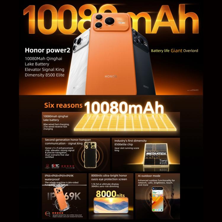 Honor Power2, 12GB+512GB, Pin 10080mAh, Màn hình 6.79 inch MagicOS 10.0 / Android 16 Dimensity 8500 Elite Octa Core, Mạng: 5G, NFC, OTG, 12GB+512GB