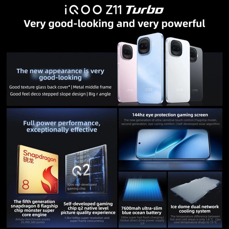 vivo iQOO Z11 Turbo, 12GB+512GB, Cảm biến vân tay 3D siêu âm, Màn hình 6.59 inch Android 16 OriginOS 6 Snapdragon 8 Gen 5 Octa Core, OTG, NFC, Mạng: 5G, 12GB+512GB