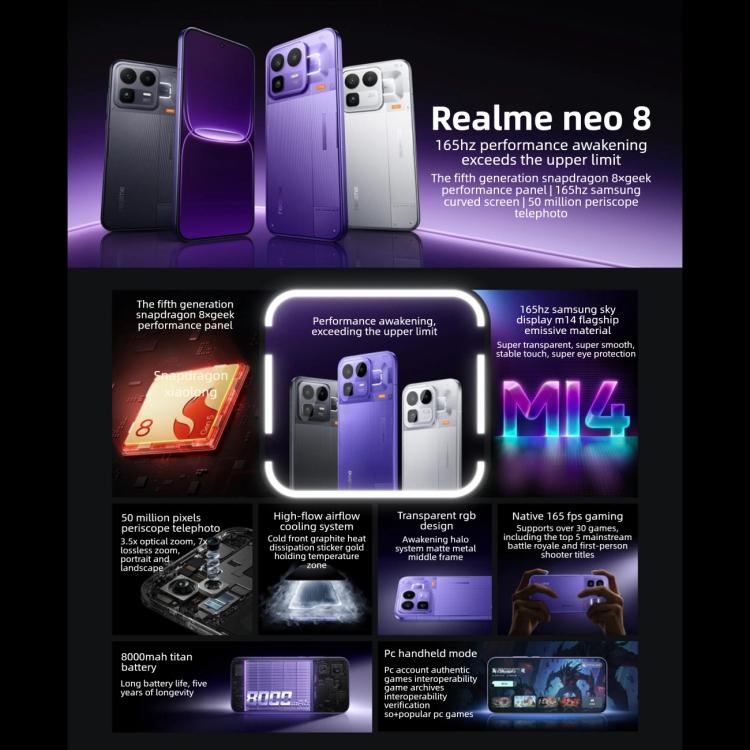 Realme Neo8, 16GB+1TB, Cảm biến vân tay siêu âm trên màn hình, 6.78 inch Realme UI 7.0 Snapdragon 8 Gen 5 Octa Core, OTG, NFC, Mạng: 5G, 16GB+1TB
