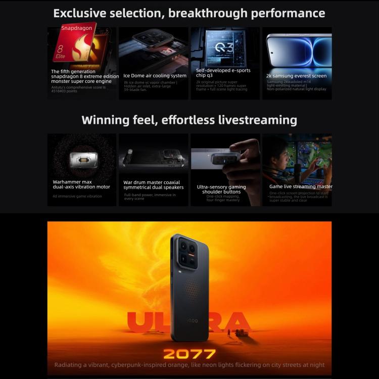 vivo iQOO 15 Ultra, 24GB+1TB, Cảm biến vân tay siêu âm 3D, Màn hình 6.85 inch Android 16 OriginOS 6 Snapdragon 8 Elite Gen 5 Octa Core, OTG, NFC, Mạng: 5G, Hỗ trợ Google Play, 24GB+1TB
