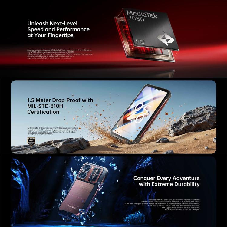 Điện thoại bền Oukitel WP300 kèm đồng hồ, 12GB+512GB, 6.8 inch Android 15 MediaTek Dimensity 7050 Octa Core, NFC, OTG, Mạng: 5G